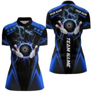 Black Womens bowling Quarter Zip shirt Custom lightning thunder team league bowling jerseys | Blue NQS6676