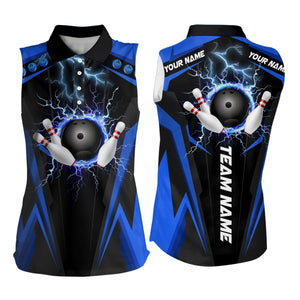 Black Women sleeveless polo shirts Custom lightning thunder team league bowling jerseys | Blue NQS6676