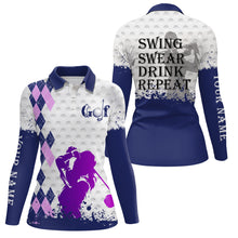 Load image into Gallery viewer, Blue purple argyle plaid white Women golf polo shirt custom swing swear drink repeat ladies golf tops NQS6442