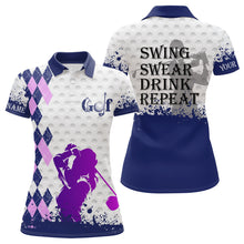 Load image into Gallery viewer, Blue purple argyle plaid white Women golf polo shirt custom swing swear drink repeat ladies golf tops NQS6442