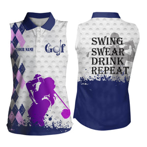 Blue purple argyle plaid white Womens sleeveless polo shirt custom swing swear drink repeat golf tops NQS6442