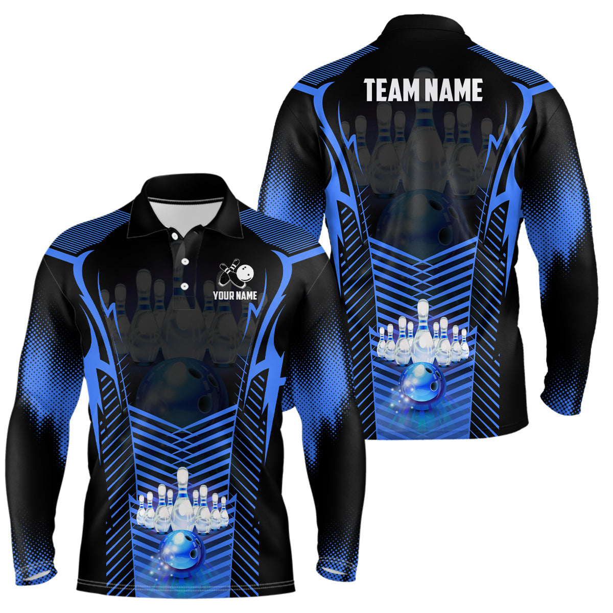 Men Bowling Polo Shirt Custom Bowling ball and pins Team league Jerseys, gifts for bowlers | Blue NQS7071