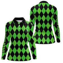 Load image into Gallery viewer, Womens golf polo shirts custom green and black argyle plaid pattern golf attire for ladies NQS7184