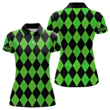 Load image into Gallery viewer, Womens golf polo shirts custom green and black argyle plaid pattern golf attire for ladies NQS7184