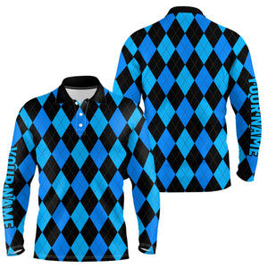 Mens golf polo shirts custom blue and black argyle plaid pattern golf attire for men NQS7185