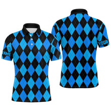 Load image into Gallery viewer, Mens golf polo shirts custom blue and black argyle plaid pattern golf attire for men NQS7185