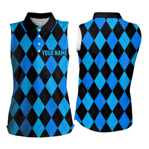 Women sleeveless polo shirt custom blue and black argyle plaid pattern golf attire for ladies NQS7185