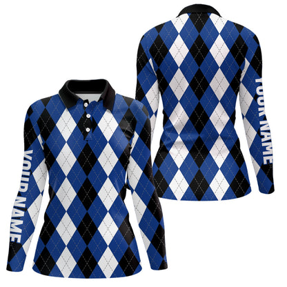 Womens golf polo shirts custom blue argyle plaid pattern golf attire for women, golf gifts NQS6899