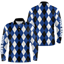Load image into Gallery viewer, Mens golf polo shirts custom blue argyle plaid pattern golf attire for men, golfing gifts NQS6899