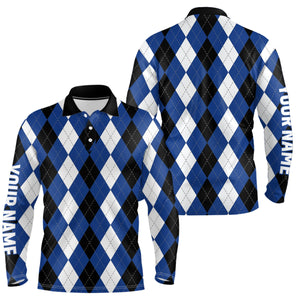 Mens golf polo shirts custom blue argyle plaid pattern golf attire for men, golfing gifts NQS6899