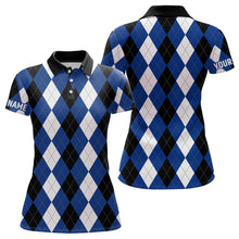 Load image into Gallery viewer, Womens golf polo shirts custom blue argyle plaid pattern golf attire for women, golf gifts NQS6899