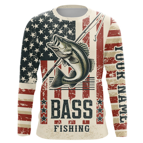 Largemouth Bass fishing vintage American flag Custom performance patriotic long sleeve fishing shirts NQS7199