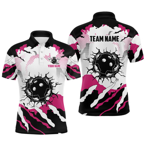 Personalized pink and white camo bowling polo shirts for men, custom team men's bowling shirt NQS6713