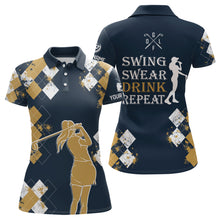 Load image into Gallery viewer, Yellow agryle pattern Womens golf polo shirts custom swing swear drink repeat vintage ladies golf|Navy NQS6910