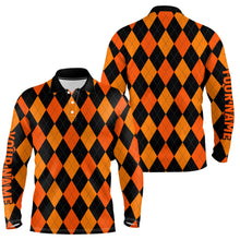 Load image into Gallery viewer, Mens golf polo shirts custom orange and black argyle plaid Halloween pattern golf attire for men NQS6247