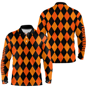 Mens golf polo shirts custom orange and black argyle plaid Halloween pattern golf attire for men NQS6247