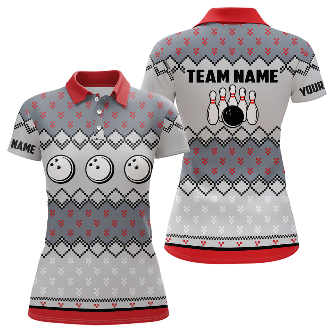 Womens Bowling Polo Shirts Custom ugly Christmas pattern Bowling ball pins team Ladies Jersey NQS6727