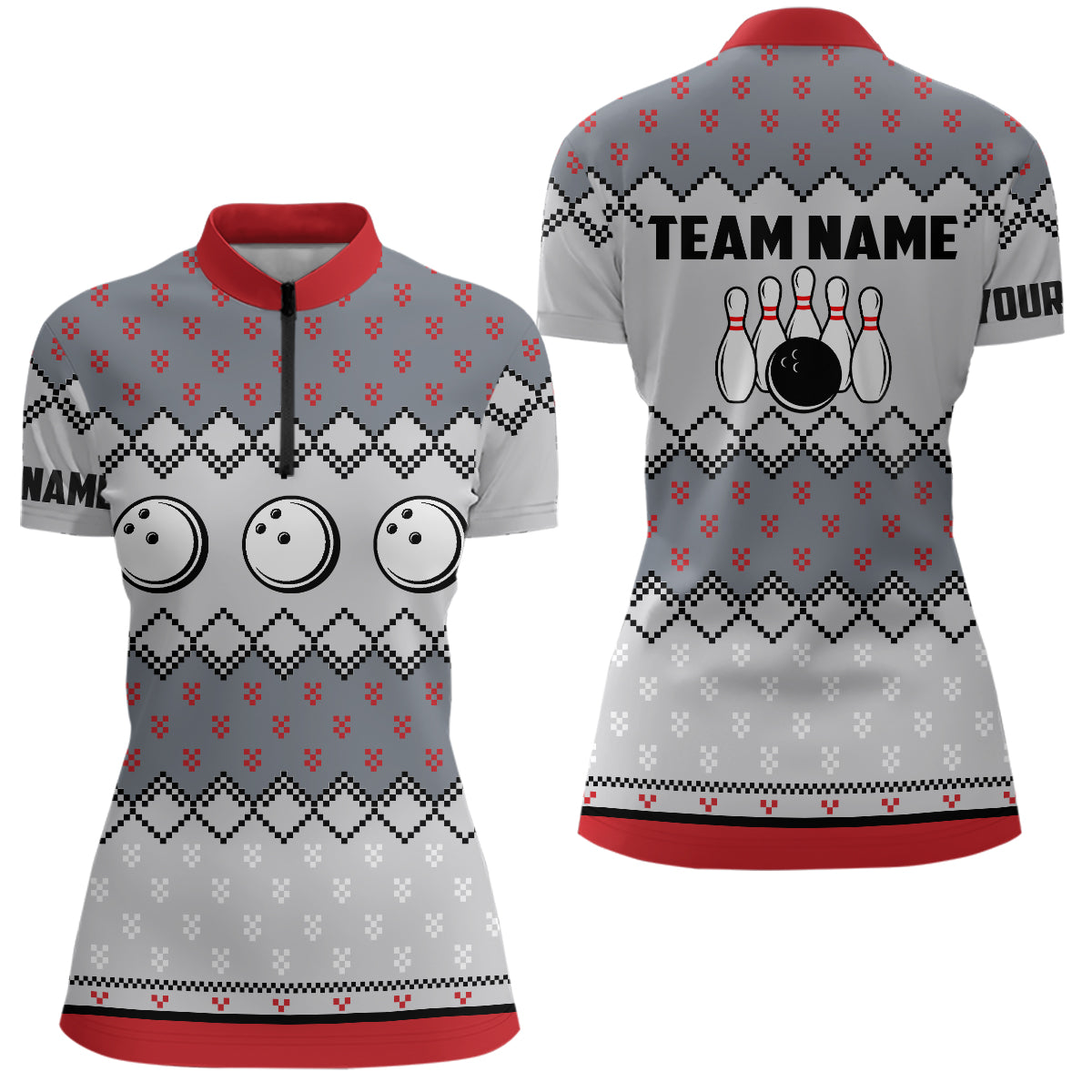 Womens Bowling Quarter-Zip Shirts Custom ugly Christmas pattern Bowling ball pins team Ladies Jersey NQS6727