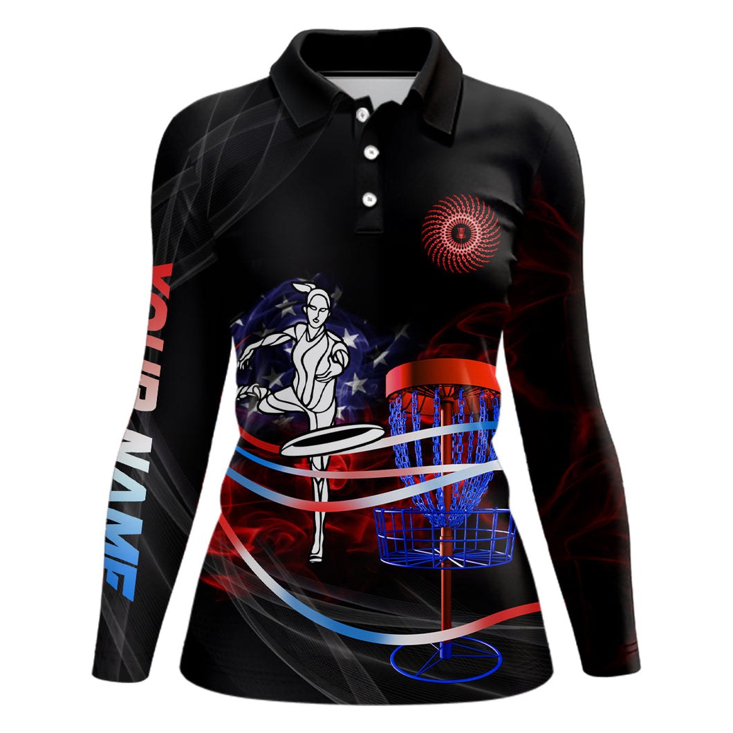 American flag black Womens disc golf polo shirts custom disco golf outfit, disc golf gifts NQS6754