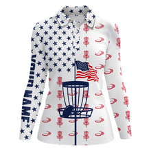 Load image into Gallery viewer, Red, white and blue American flag Womens disc golf polo shirt custom patriotic disc golf shirt NQS6766