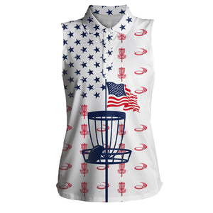 Red, white and blue American flag Women sleeveless disc golf polo shirt, patriotic frisbee golf shirt NQS6766