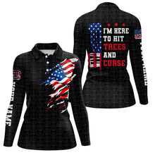 Load image into Gallery viewer, American flag Women disc golf polo shirts custom black disc golf pattern i&#39;m here to hit trees &amp; curse NQS6288