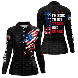 American flag Women disc golf polo shirts custom black disc golf pattern i'm here to hit trees & curse NQS6288