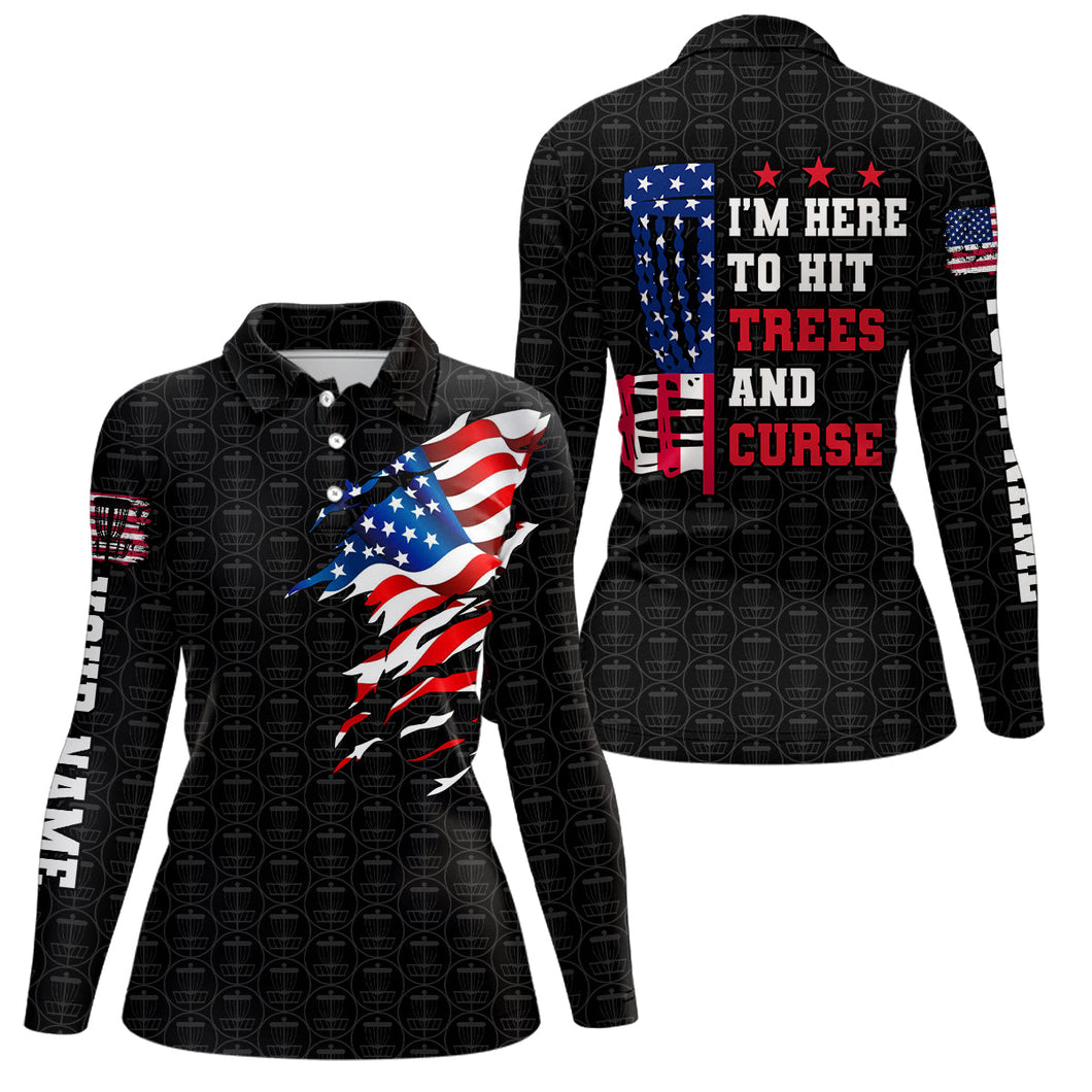 American flag Women disc golf polo shirts custom black disc golf pattern i'm here to hit trees & curse NQS6288