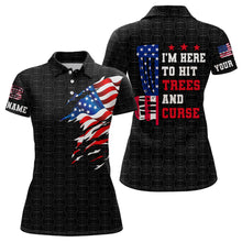 Load image into Gallery viewer, American flag Women disc golf polo shirts custom black disc golf pattern i&#39;m here to hit trees &amp; curse NQS6288