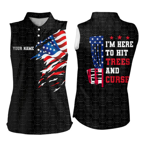 American flag Women sleeveless polo shirt custom black disc golf pattern i'm here to hit trees & curse NQS6288