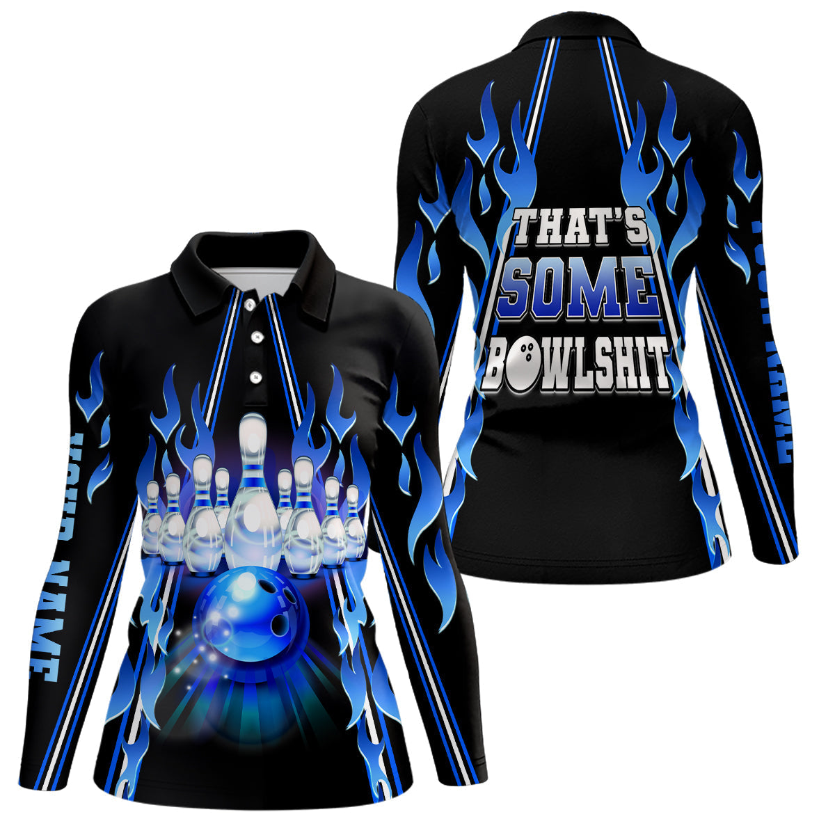 Load image into Gallery viewer, Women bowling polo shirt Custom blue flame that's some bowlshit bowling ball pins team league jerseys NQS6284
