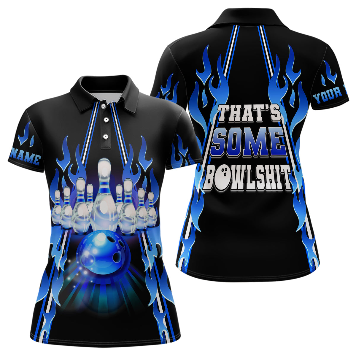Load image into Gallery viewer, Women bowling polo shirt Custom blue flame that's some bowlshit bowling ball pins team league jerseys NQS6284