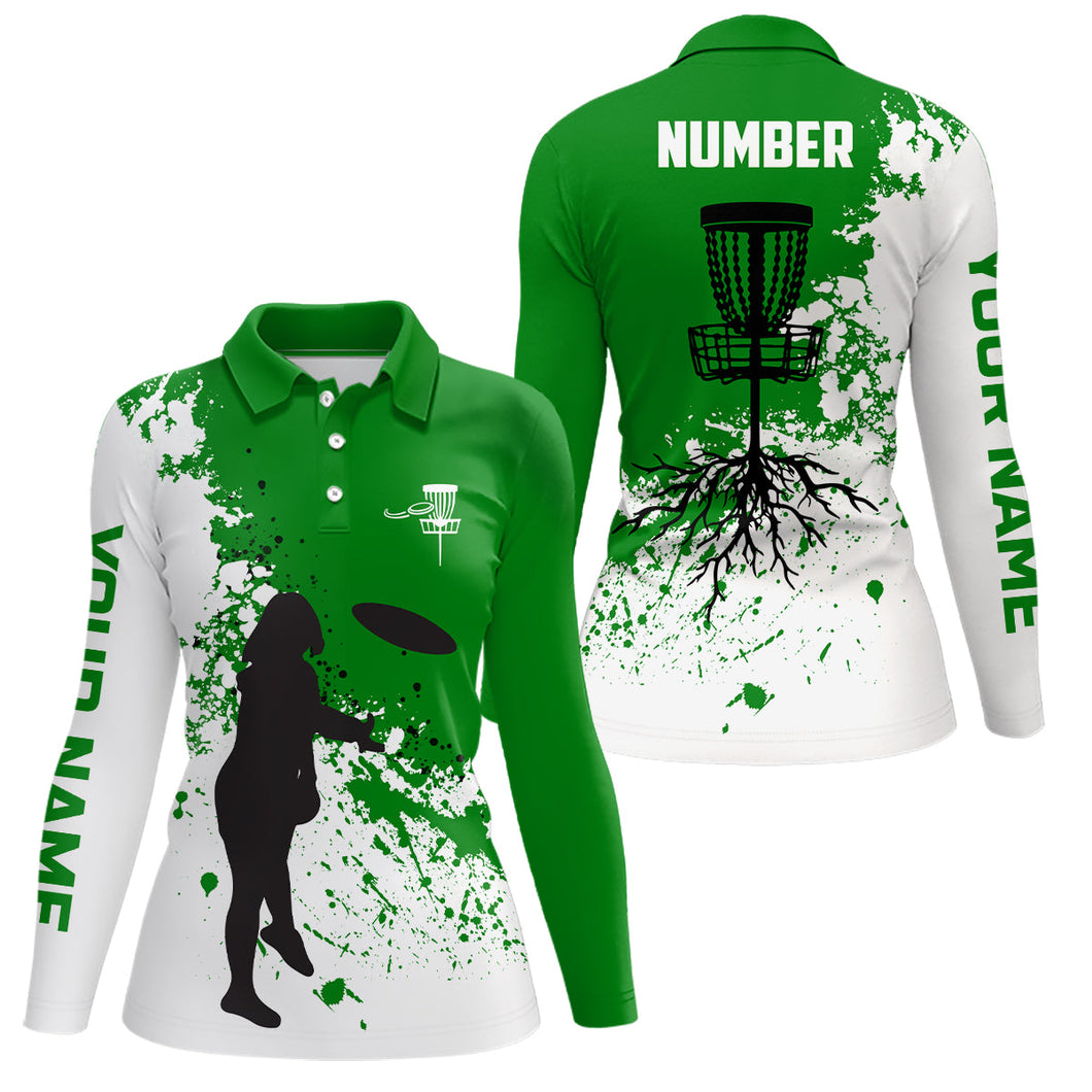 Green and white Womens disc golf polo shirt custom name and number disc golf jerseys, ladies golf tops NQS7112