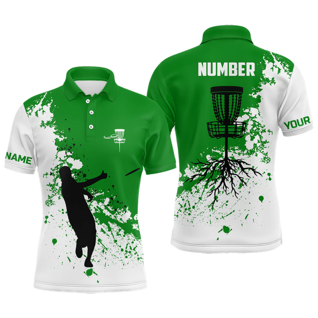Green and white Mens disc golf polo shirt custom name and number disc golf jerseys, golf outfit men NQS7112