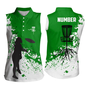 Green and white Womens disc golf sleeveless polo shirt custom name and number ladies disc golf jerseys NQS7112