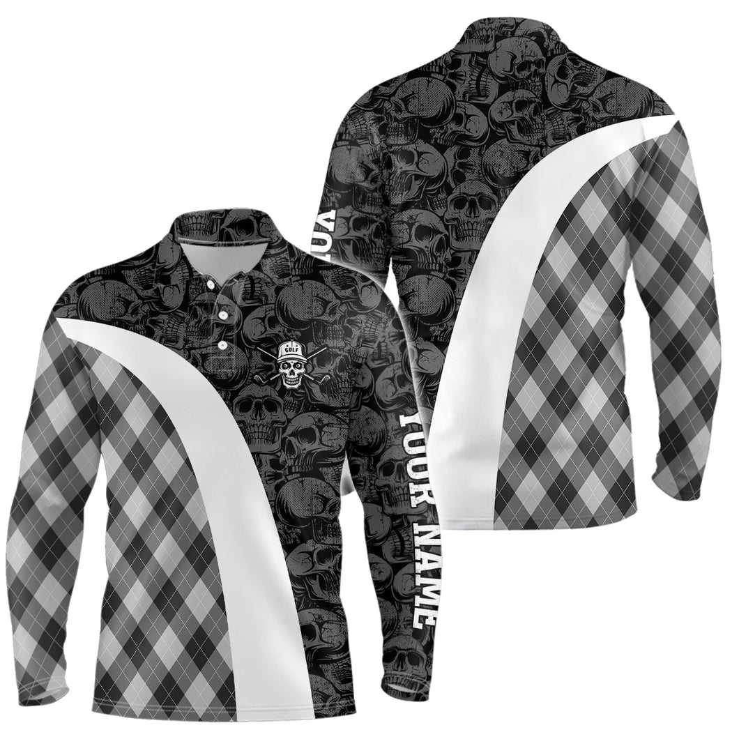 Black and white Mens golf polo shirt custom skull argyle plaid pattern golf shirts for men, golf gifts NQS6518