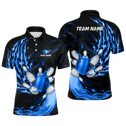 Mens polo bowling shirts Custom blue flame Bowling ball and pins Team league bowler Jerseys NQS6977