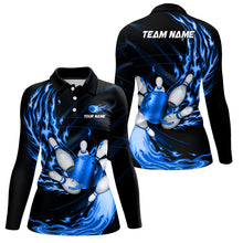 Load image into Gallery viewer, Womens bowling polo shirts Custom blue flame Bowling ball and pins Team league bowler Jerseys NQS6977