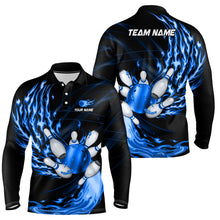 Load image into Gallery viewer, Mens polo bowling shirts Custom blue flame Bowling ball and pins Team league bowler Jerseys NQS6977