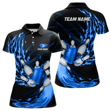 Load image into Gallery viewer, Womens bowling polo shirts Custom blue flame Bowling ball and pins Team league bowler Jerseys NQS6977