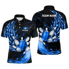 Load image into Gallery viewer, Mens polo bowling shirts Custom blue flame Bowling ball and pins Team league bowler Jerseys NQS6977