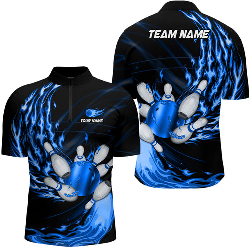 Men's bowling Quarter Zip shirts Custom blue flame Bowling ball and pins Team league bowler Jerseys NQS6977