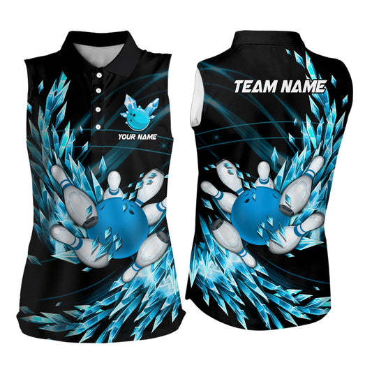 Women bowling sleeveless polos Custom blue icy fragments Bowling ball pins Team league bowler Jersey NQS7124