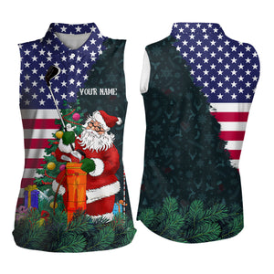 American flag Christmas Santa golf pattern custom Women sleeveless polo shirt, Xmas golf outfits women NQS6779