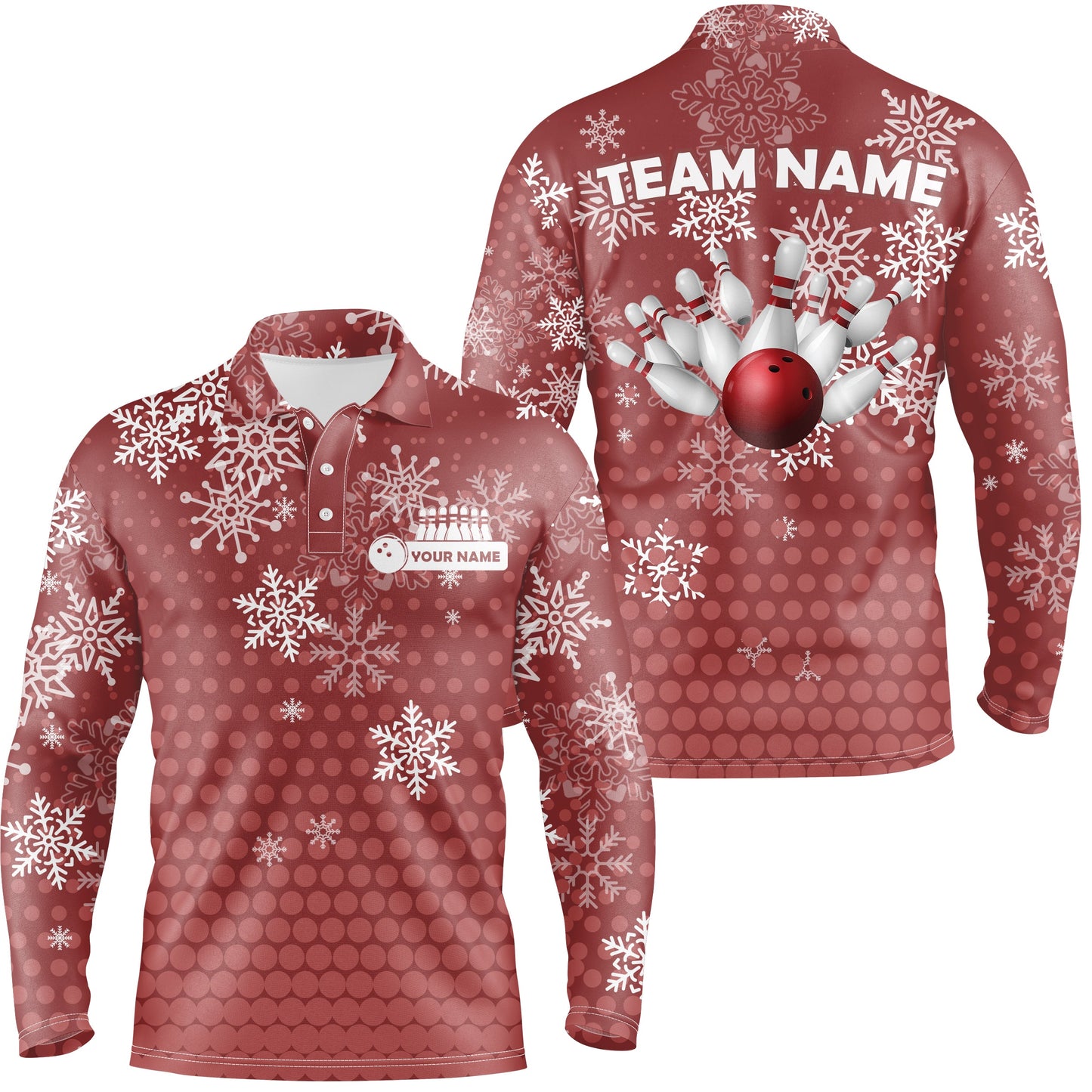Mens Bowling Polo Shirts Custom Christmas snowflake Bowling ball pins team Ladies Jersey | Red NQS6616