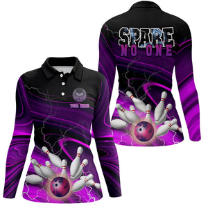 Women bowling polo shirt Custom spare no one Purple lightning thunder team bowling League jerseys NQS6674