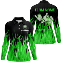 Load image into Gallery viewer, Green flame Womens bowling polo shirt black Bowling Jerseys Personalized Bowling Team Shirts NQS7303