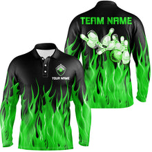 Load image into Gallery viewer, Personalized Men polo Bowling Shirt Green Flame Bowling Ball Pins bowling jerseys for men Bowler NQS7303