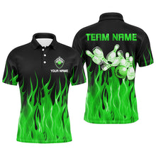 Load image into Gallery viewer, Personalized Men polo Bowling Shirt Green Flame Bowling Ball Pins bowling jerseys for men Bowler NQS7303