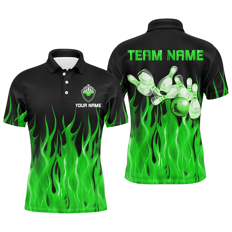 Personalized Men polo Bowling Shirt Green Flame Bowling Ball Pins bowling jerseys for men Bowler NQS7303